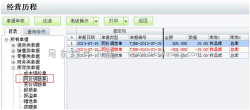 在经营历程中查看同价调拨单图示